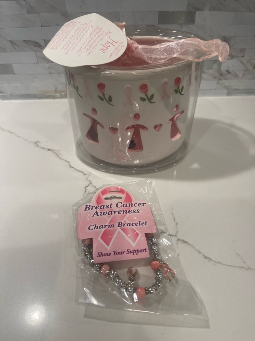 Waxcessories Breast Cancer Awareness Jar Candle Pink Ribbon with Charm Bracelet